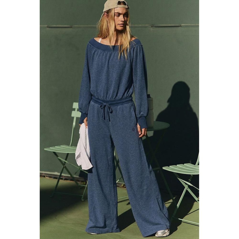 Free People Womens FP Movement Jumpsuit Wide Leg Off Shoulder Blue Medium Boho
